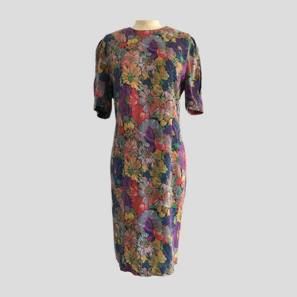 Vintage 1990s Floral Short Sleeve Rayon Straight Knee Length Dress Womens S/M